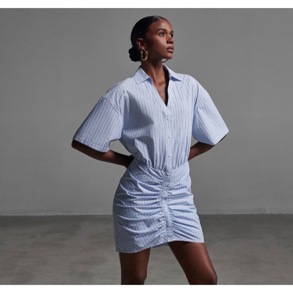 KBB by Kahlana Barfield Brown Striped Ruched Mini Shirt Dress Blue White Size M